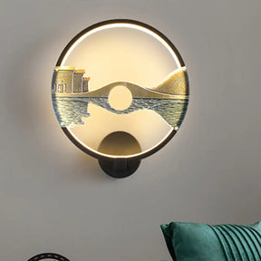 Black/White Round Bridge Wall Mural Led Acrylic Light Fixture Oriental Style Black