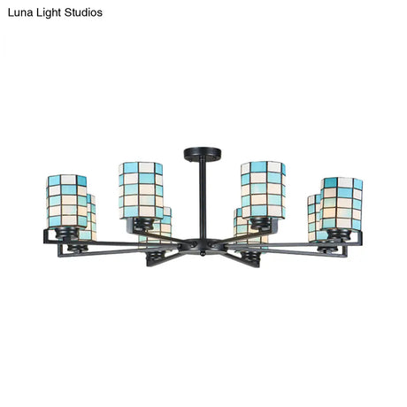 Black/White Stained Glass Semi Mount Cylinder Ceiling Light - 3/6/8 Lights Baroque Style