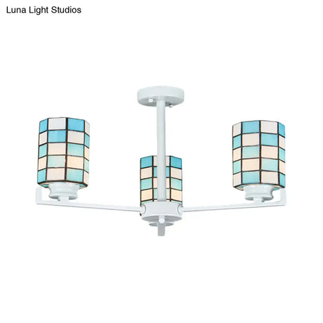 Black/White Stained Glass Semi Mount Cylinder Ceiling Light - 3/6/8 Lights Baroque Style