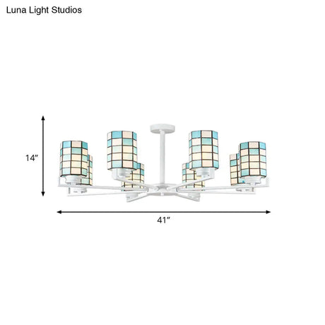 Black/White Stained Glass Semi Mount Cylinder Ceiling Light - 3/6/8 Lights Baroque Style
