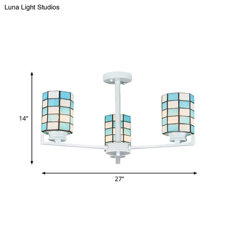 Black/White Stained Glass Semi Mount Cylinder Ceiling Light - 3/6/8 Lights Baroque Style