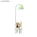 Blackish Green Modernist Floor Lamp With Single Bulb Fabric Shade And Desk Stand