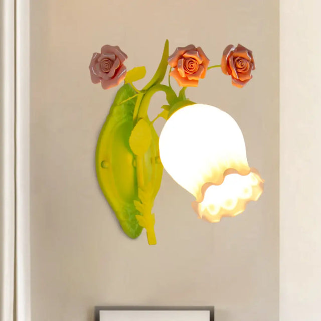 Bloom Retro Frosted Glass Wall Sconce Light With Green Bulb - Bedroom Décor
