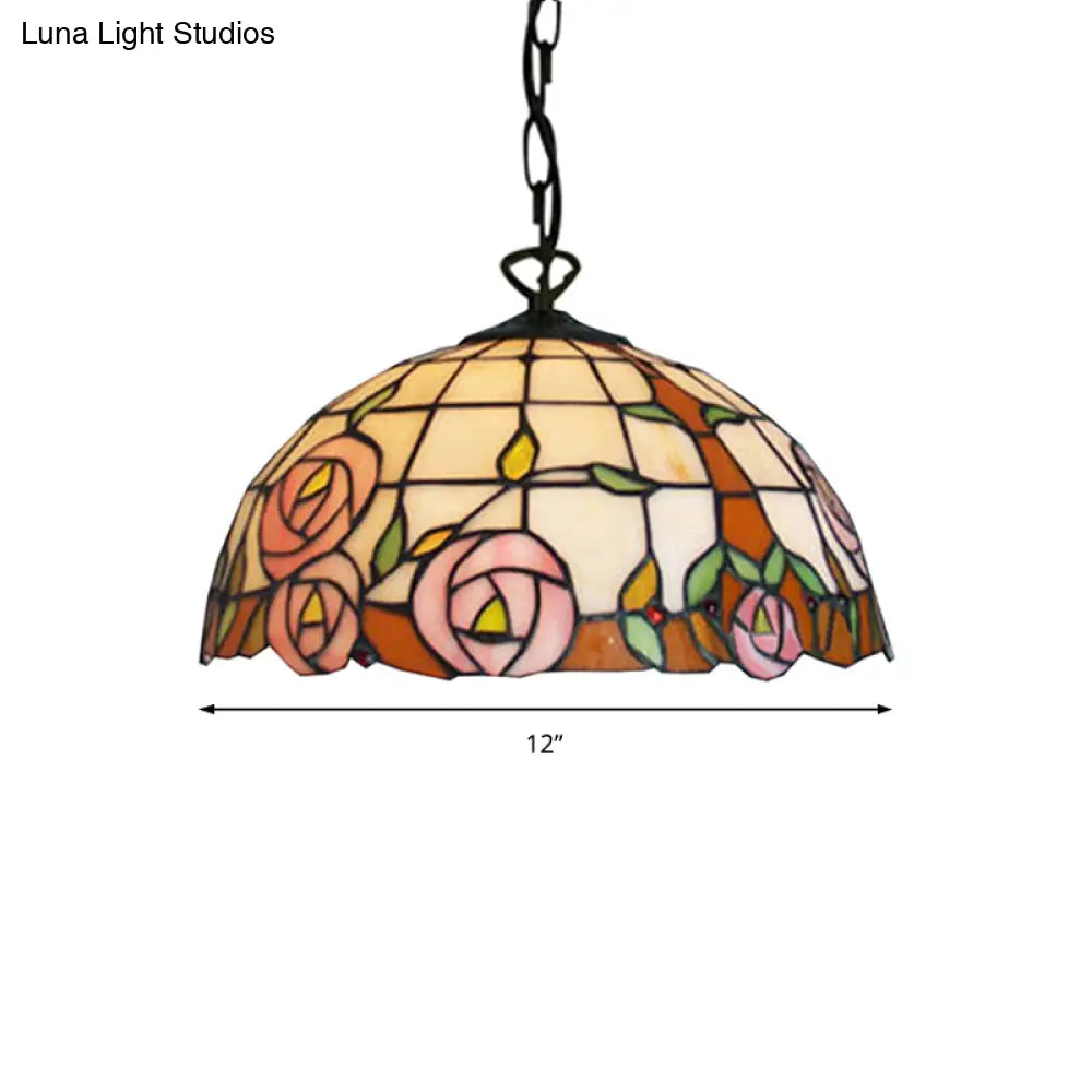 Bloom Tiffany Handcrafted Art Glass Pendant Light - 12’/16’ Wide Pink Down Lighting Fixture