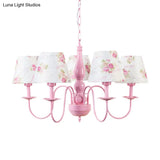 Blossom Hanging Lamp: 5-Bulb Metal Chandelier With Fabric Shade In Pink - Perfect For Kindergarten