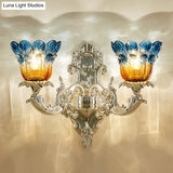 Blossom Sconce Lamp: Classic Blue & Yellow Ribbed Glass 2 Lights Silver Wall Mounted Lighting