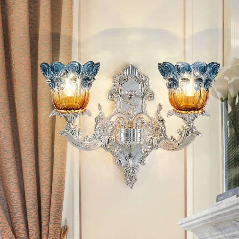 Blossom Sconce Lamp: Classic Blue & Yellow Ribbed Glass 2 Lights Silver Wall Mounted Lighting