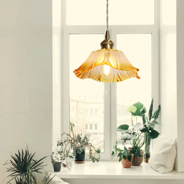 Blossom Textured Glass Pendant Light - Industrial Brass Ceiling Fixture Yellow