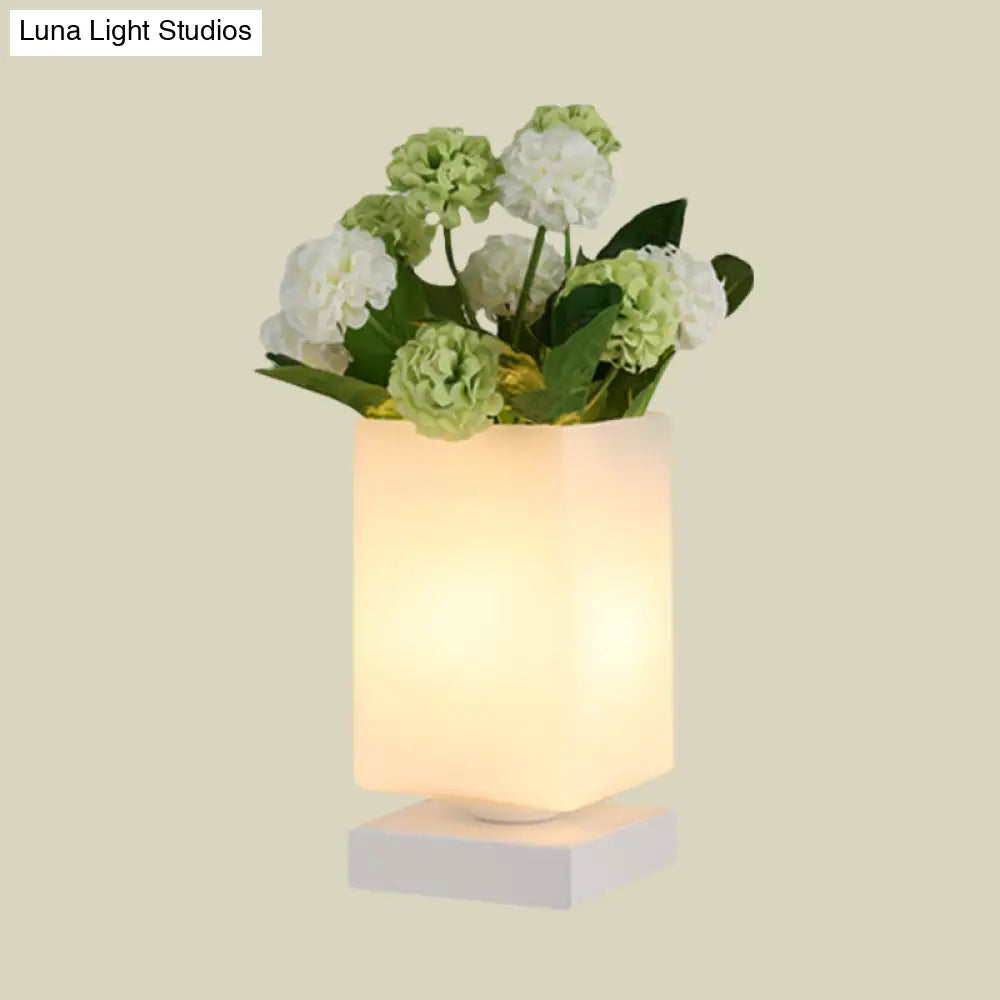 Blossom White Glass Led Night Lamp: Art Deco Cone/Rectangle Nightstand Lighting For Bedroom