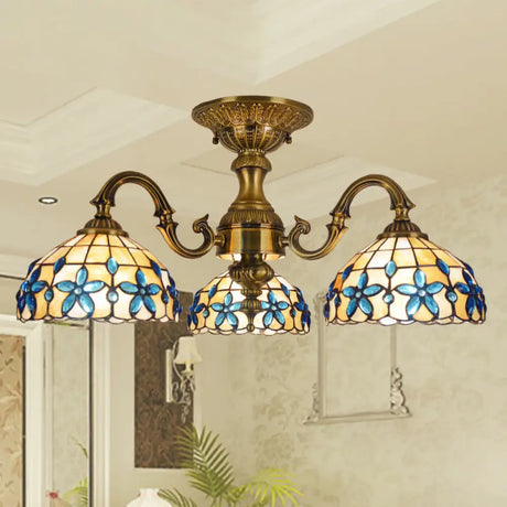 Blue 3-Head Semi Flush Ceiling Light Fixture With Hand-Cut Mediterranean Glass Bowl