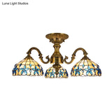 Blue 3-Head Semi Flush Ceiling Light Fixture With Hand-Cut Mediterranean Glass Bowl