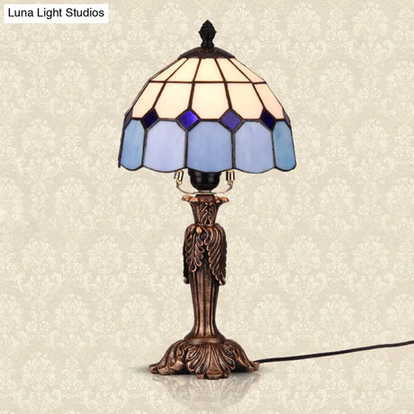 Blue And White Glass Bowl Table Lamp - Tiffany-Inspired 1-Light Night Light For Bedroom