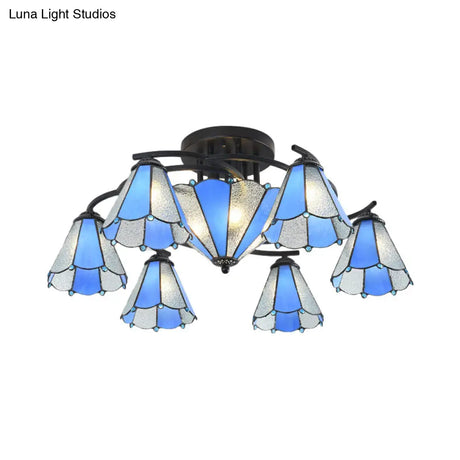 Blue And White Glass Semi - Flush Conical Ceiling Light With 9/11 Lights - Black Lighting Fixture