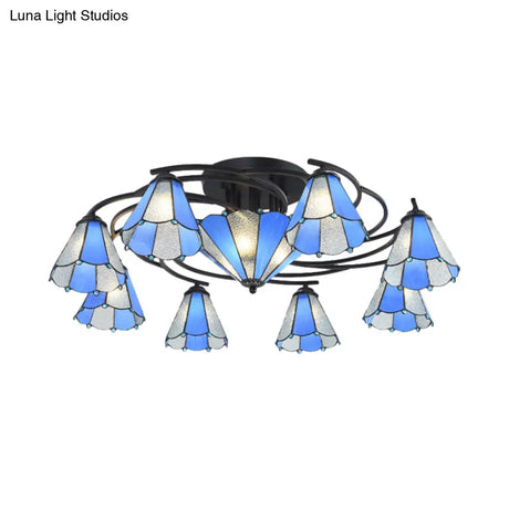 Blue And White Glass Semi - Flush Conical Ceiling Light With 9/11 Lights - Black Lighting Fixture