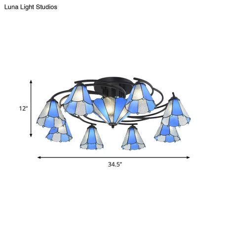Blue And White Glass Semi - Flush Conical Ceiling Light With 9/11 Lights - Black Lighting Fixture