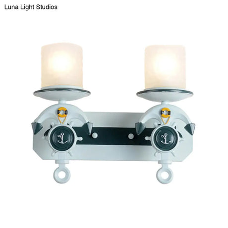 Blue Antique Style Milk Glass Cylinder Wall Light With Anchor Deco Sconce For Front Door
