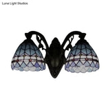 Blue Baroque Stained Glass Dome Sconce Light With Curved Arm - 2 Wall Fixture For Bedroom