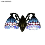 Blue Baroque Stained Glass Dome Sconce Light With Curved Arm - 2 Wall Fixture For Bedroom