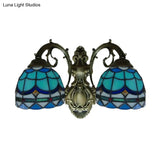 Blue Baroque Stained Glass Dome Sconce Light With Curved Arm - 2 Wall Fixture For Bedroom