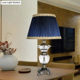 Blue Barrel Crystal Nightstand Lamp With Braided Trim - Lodge Bedroom Table Light