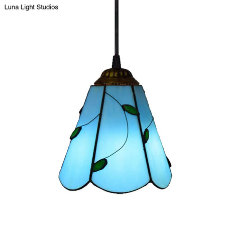 Blue/Beige Stained Glass Conical Tiffany Hanging Lamp - Mini Pendant For Living Room