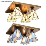 Blue/Beige Tiffany Stained Glass Cone Ceiling Light Fixture With 4 Flush Mount Lights