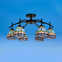 Blue Bowl Stained Glass Semi Flush Mount Lamp - Mediterranean Style With 6/8 Lights Ceiling Fixture