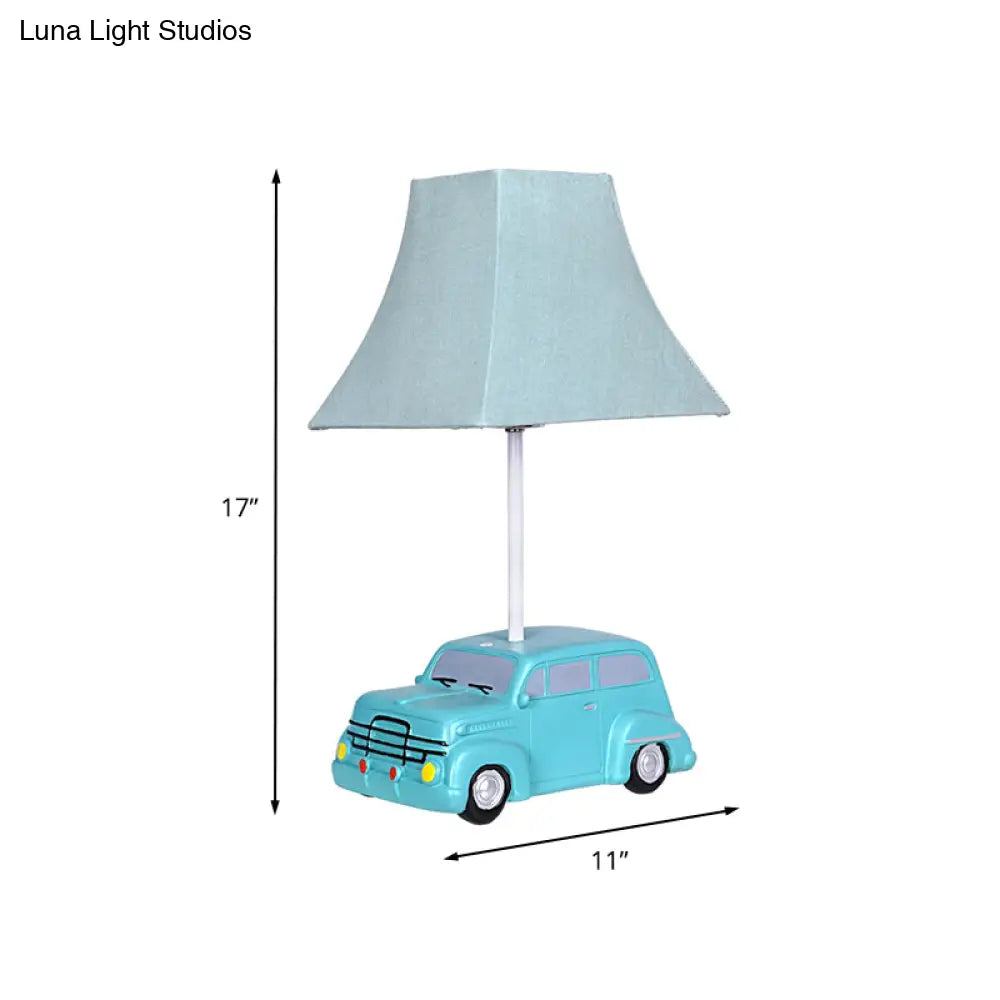 Blue Cartoon Desk Lamp For Nursery With Bell Fabric Shade And Car Resin Base