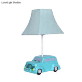 Blue Cartoon Desk Lamp For Nursery With Bell Fabric Shade And Car Resin Base