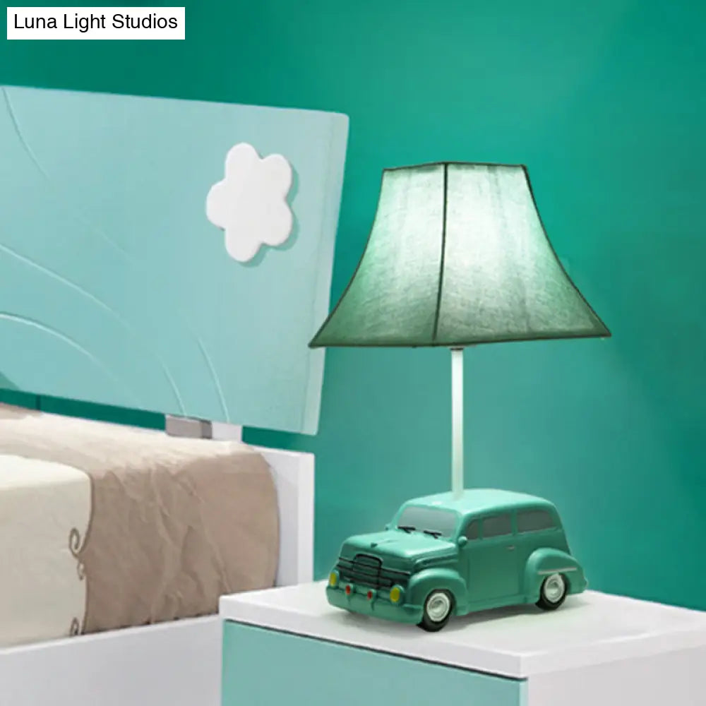 Blue Cartoon Desk Lamp For Nursery With Bell Fabric Shade And Car Resin Base