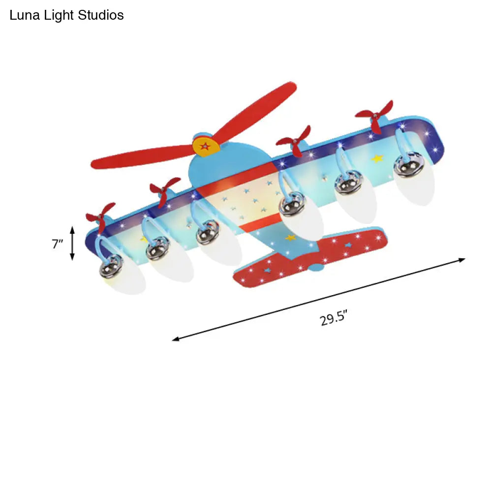 Blue Cartoon Plane Ceiling Light With Wood Propeller - Perfect For Baby Bedrooms!