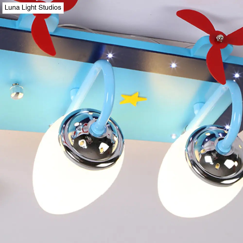 Blue Cartoon Plane Ceiling Light With Wood Propeller - Perfect For Baby Bedrooms!