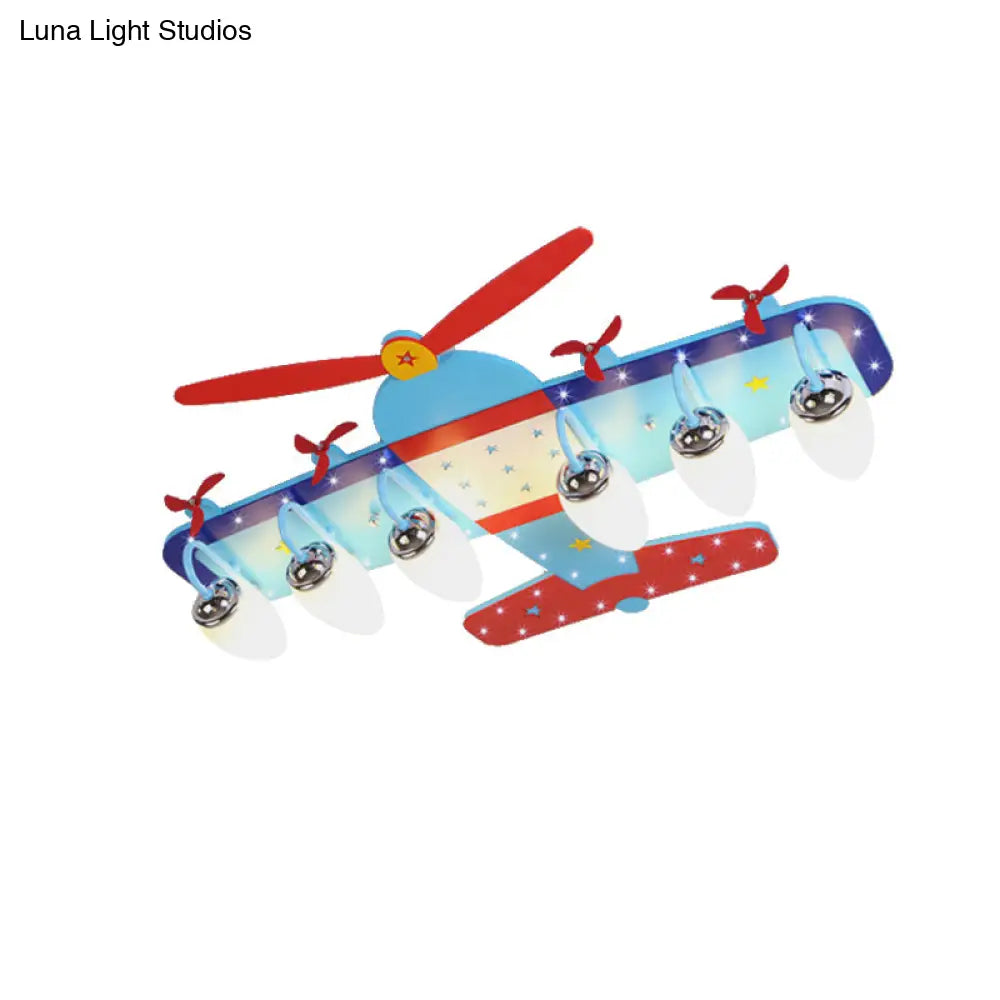 Blue Cartoon Plane Ceiling Light With Wood Propeller - Perfect For Baby Bedrooms!