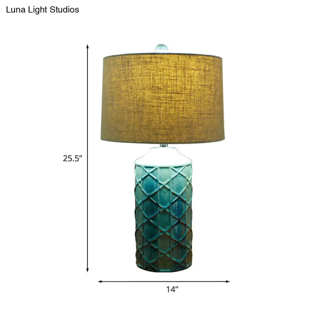 Blue Ceramic Nightstand Lamp With Rustic Lattice Design And Fabric Shade