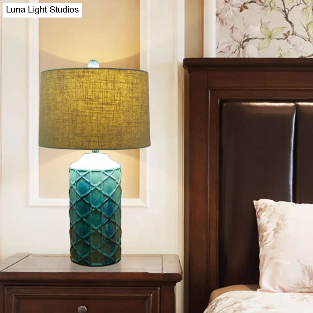 Blue Ceramic Nightstand Lamp With Rustic Lattice Design And Fabric Shade