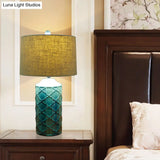 Blue Ceramic Nightstand Lamp With Rustic Lattice Design And Fabric Shade