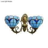 Blue/Clear Stained Glass Bowl Wall Sconce Traditional Tiffany Lighting For Study Room 2 Lights