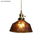 Blue/Clear Textured Glass Pendant With Brass Accents - Country Style Hanging Ceiling Light