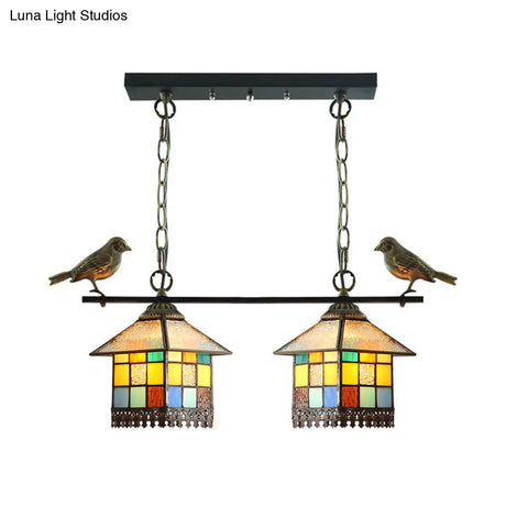 Blue/Clear Tiffany Style Pendant Light - 2 Heads Living Room Island Hanging Lamp With Stainless
