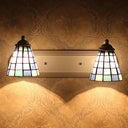 Blue Conical Glass Wall Sconce With Grid Pattern And 2 Heads - Baroque Style