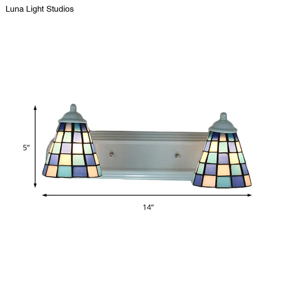 Blue Conical Glass Wall Sconce With Grid Pattern And 2 Heads - Baroque Style