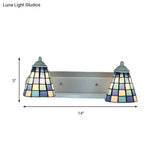 Blue Conical Glass Wall Sconce With Grid Pattern And 2 Heads - Baroque Style