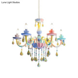 Blue Crystal Arm Pendant Chandelier For Kids - Elegant 6 Head Hanging Light With Curvy Design