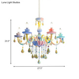 Blue Crystal Arm Pendant Chandelier For Kids - Elegant 6 Head Hanging Light With Curvy Design
