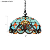 Blue Cut Glass Pendant Light Kit - 12’/16’ W Domed 1 Mediterranean Style