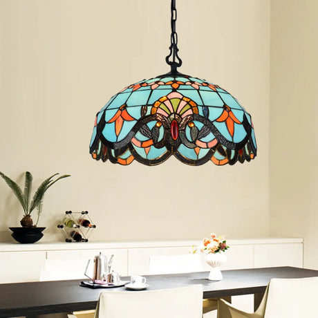 Blue Cut Glass Pendant Light Kit - 12’/16’ W Domed 1 Mediterranean Style / 12’