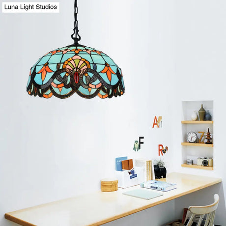 Blue Cut Glass Pendant Light Kit - 12’/16’ W Domed 1 Mediterranean Style