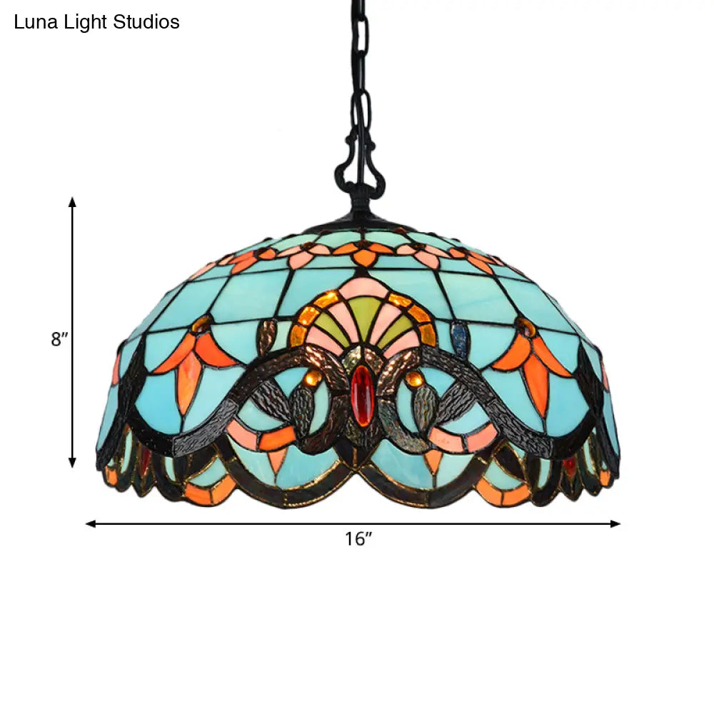 Blue Cut Glass Pendant Light Kit - 12’/16’ W Domed 1 Mediterranean Style