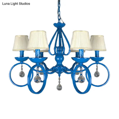 Blue Fabric Cone Pendant Lamp: Classic Chandelier Light Fixture With Crystal Draping Ideal For