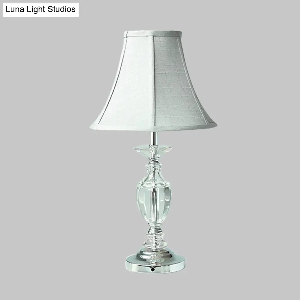 Blue Fabric Paneled Bell Table Lamp With Crystal Base - Single Bulb Nightstand Light